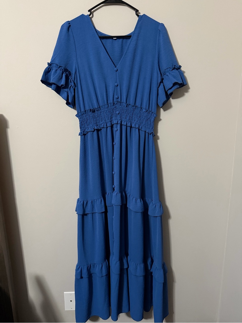 Blue Ruffle Sleeve Smocked Waist Tiered Maxi Dress Women’s Size Medium